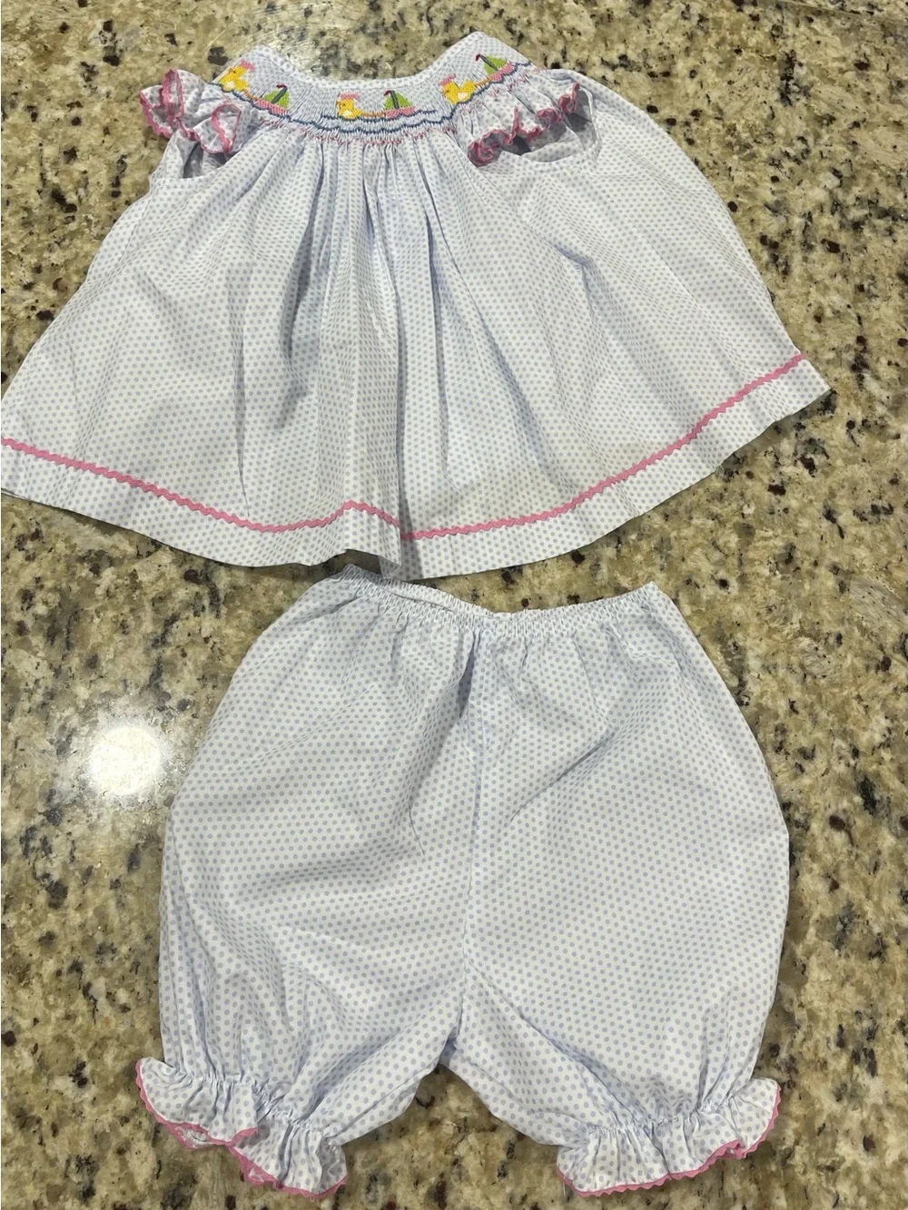 Baby Girls White Dot Smocked Dress with Pink Trim and Matching Diaper Cover